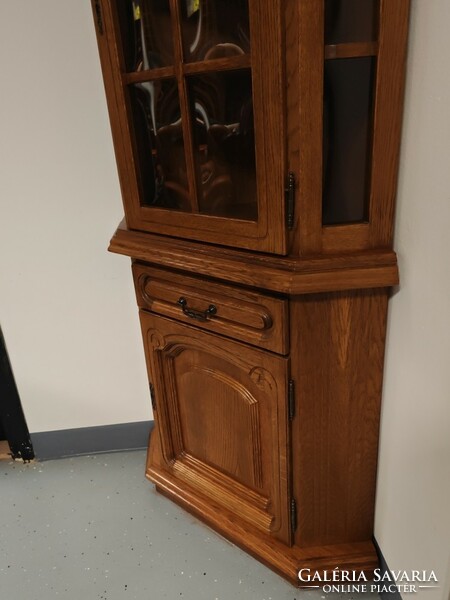 Immaculate oak, two-door, corner display cabinet with drawers, display corner cabinet