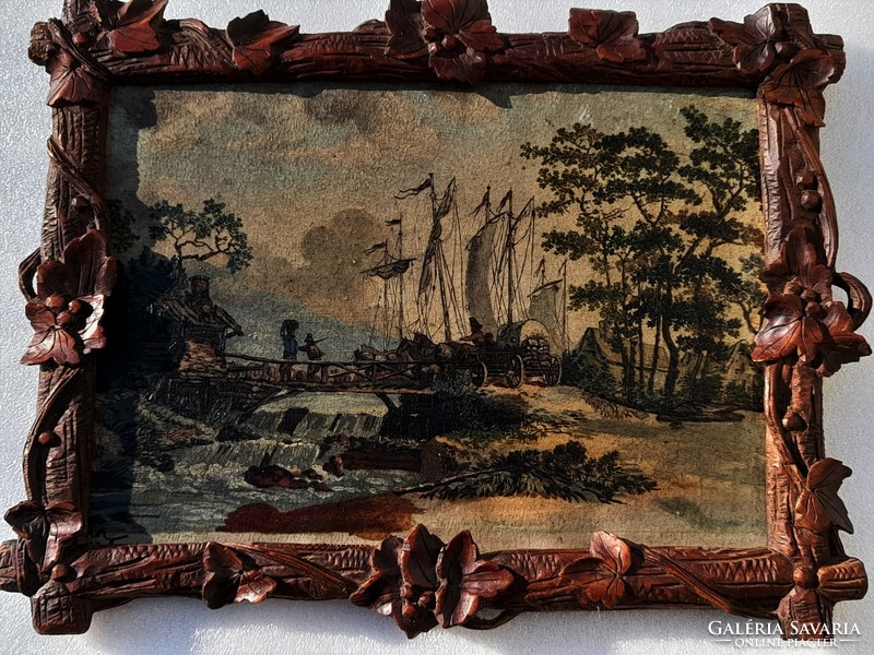 Antique Dutch ship painting in a carved wood frame, 19th century.