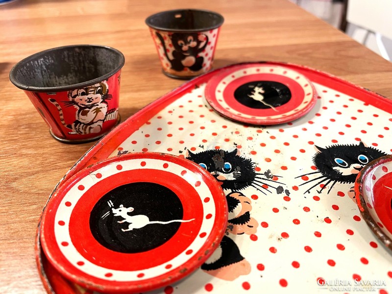 Retro vintage játék, macskás/egeres tálca pohár és alátét Lemezárugyár