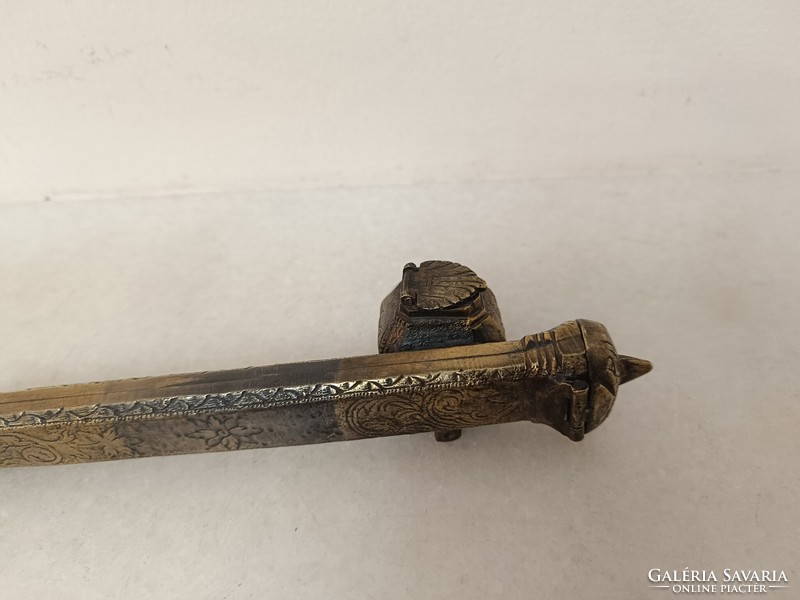 Antique Asian travel stationery ink holder engraved cast copper pen holder 19th century 738 8482