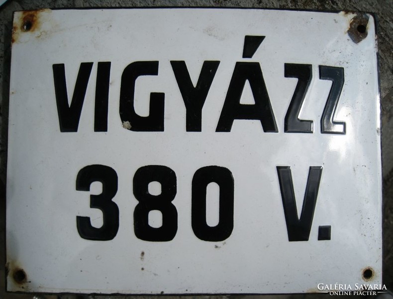Beware, 380 v. - Old enamel plaque