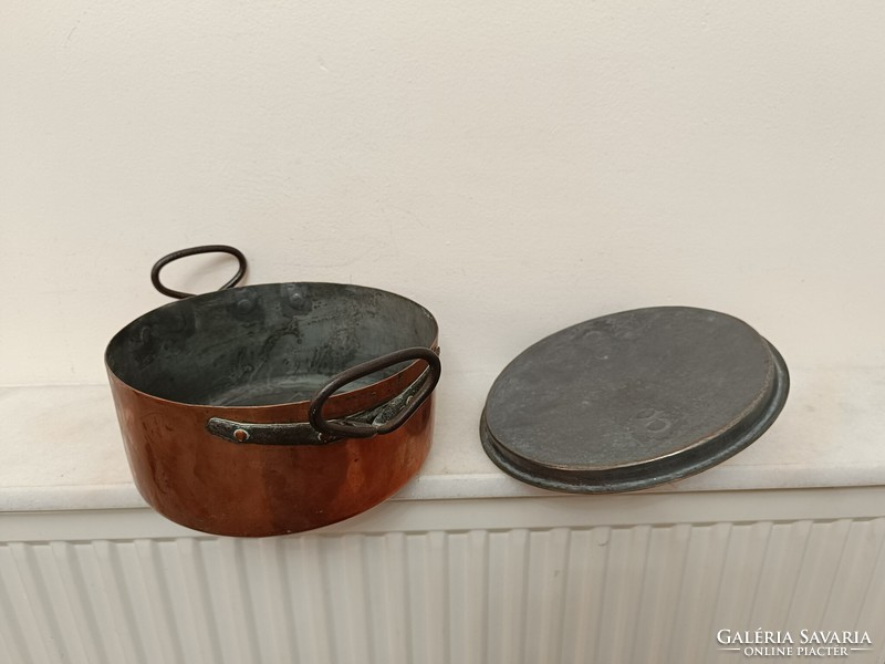 Antique tinned kitchen pot with patinated red copper footed lid and wrought iron handle 918 8497