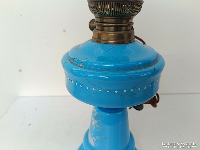 Antique biedermeier painted blue huta glass kerosene electric lamp broken 350 8600