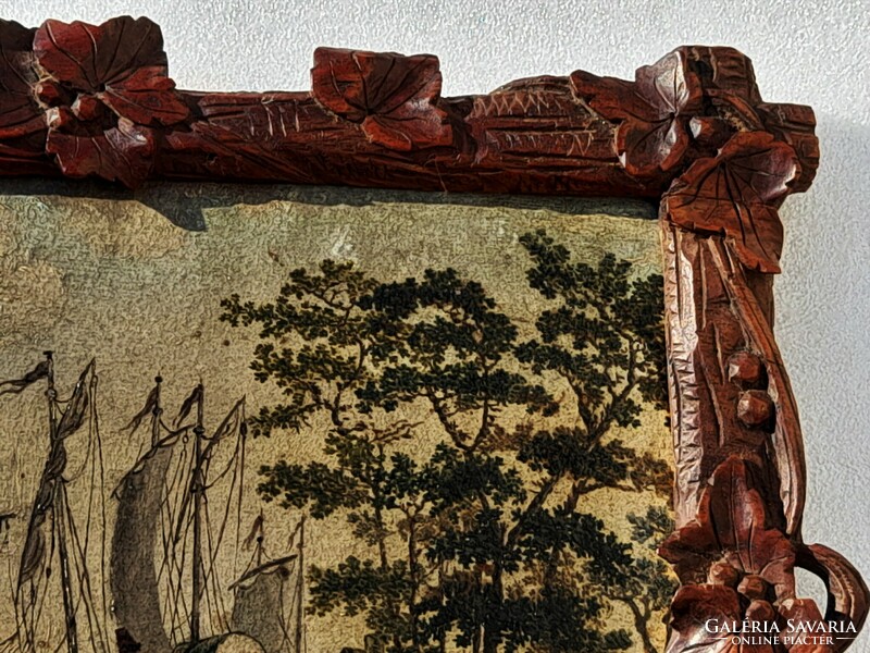 Antik németalföldi hajós festmény faragott fa keretében, 19.sz.