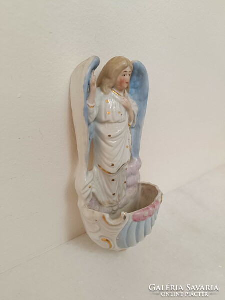 Antik szenteltvíz tartó 20. sz. biszkvit porcelán keresztény őrangyal angyal szenteltvíztartó 735