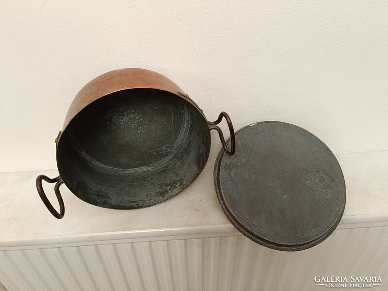 Antique tinned kitchen pot with patinated red copper footed lid and wrought iron handle 918 8497