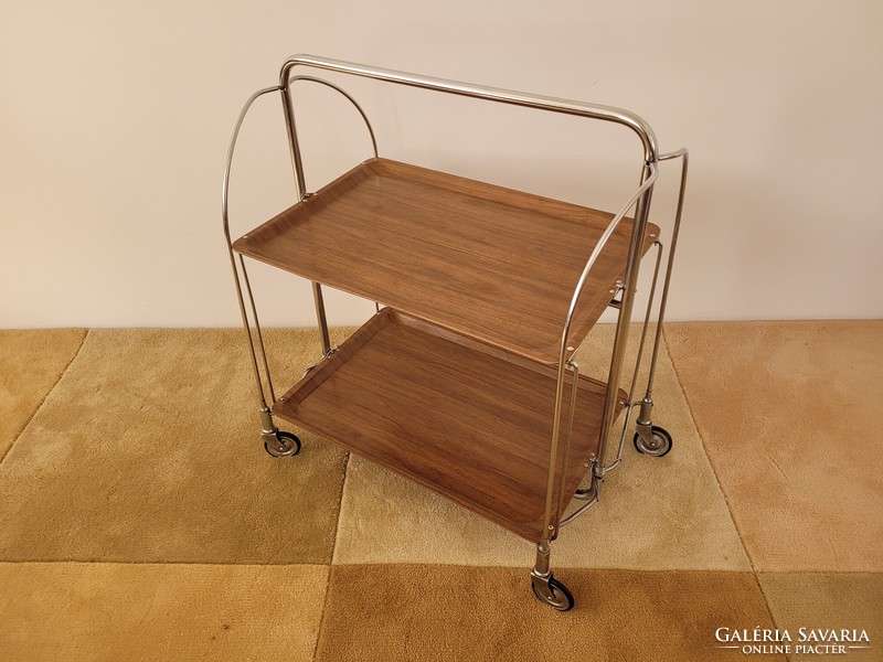 Retro chrome-plated metal frame cart folding mid-century serving table