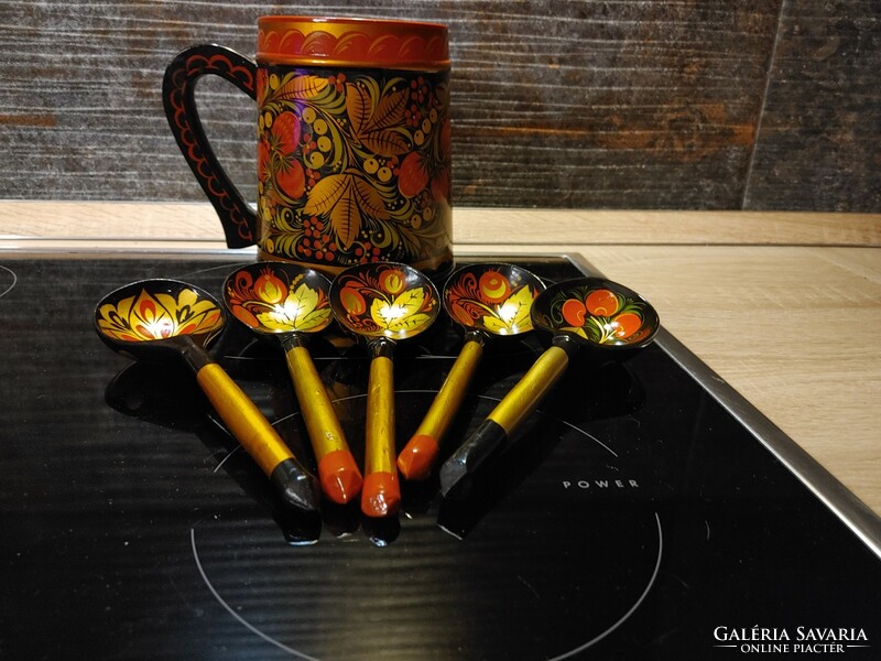 Kézzel  festett japán/orosz  hagyományos khokhloma kanalak és kancsó