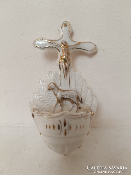 Antik szenteltvíz tartó 19. század porcelán keresztény szenteltvíztartó Jézus bárány 734 8477