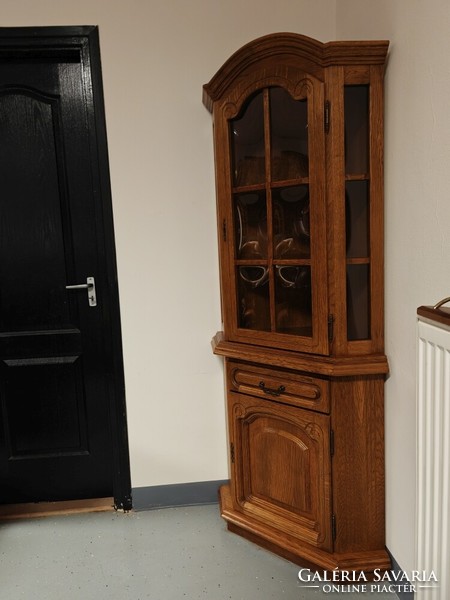 Immaculate oak, two-door, corner display cabinet with drawers, display corner cabinet