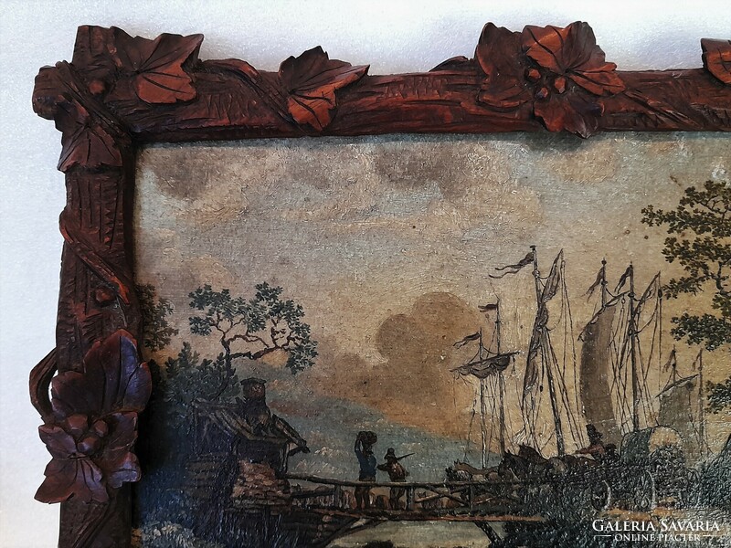 Antique Dutch ship painting in a carved wood frame, 19th century.