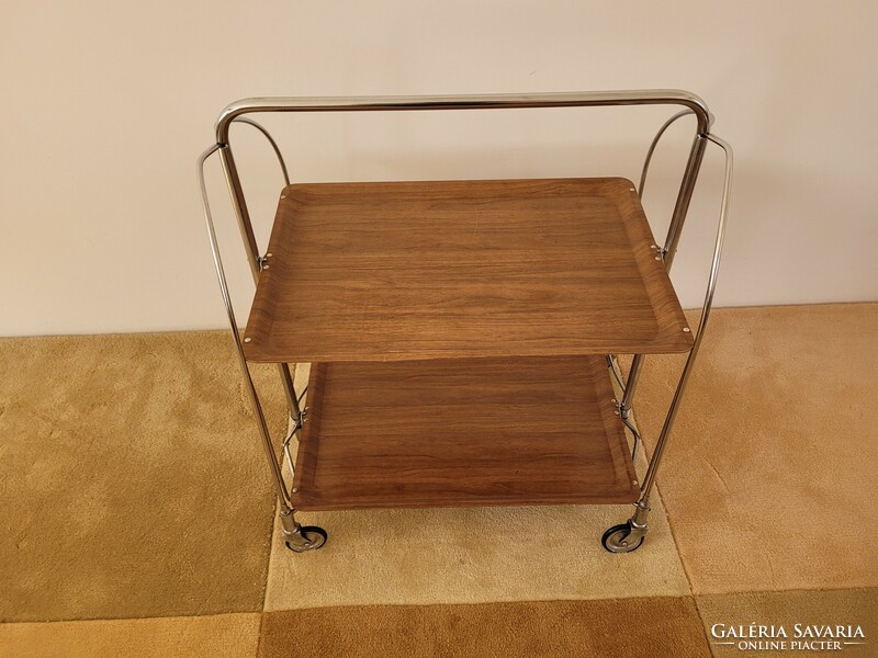 Retro chrome-plated metal frame cart folding mid-century serving table