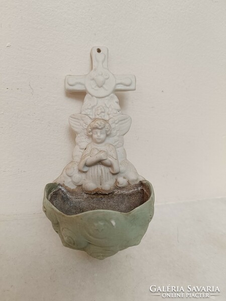 Antik szenteltvíz tartó 20. század biszkvit porcelán keresztény őrangyal angyal 732 8473