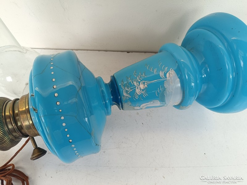 Antik biedermeier festett kék huta üveg petróleum elektromos lámpa törött 350 8600