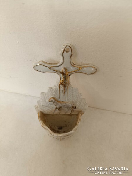 Antik szenteltvíz tartó 19. század porcelán keresztény szenteltvíztartó Jézus bárány 734 8477
