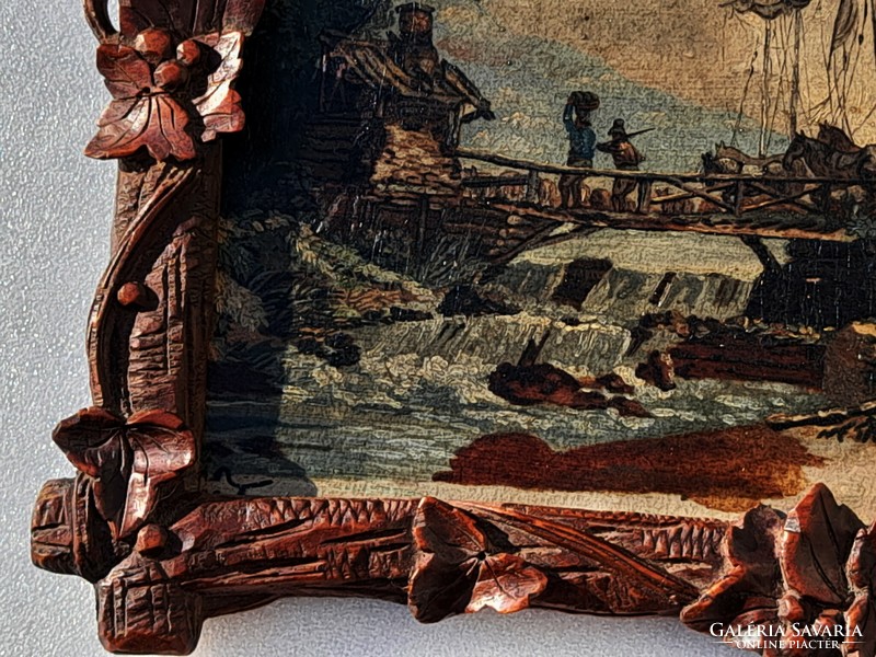 Antique Dutch ship painting in a carved wood frame, 19th century.