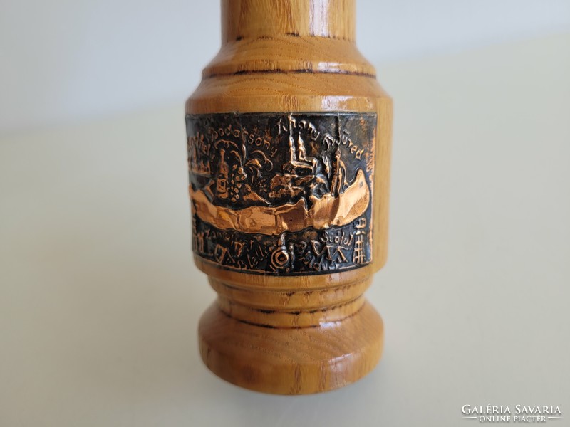 Old retro Balaton souvenir mid century souvenir wooden vase with Balaton map