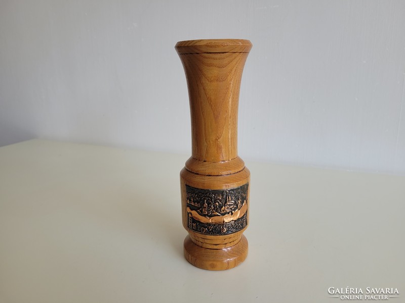 Old retro Balaton souvenir mid century souvenir wooden vase with Balaton map