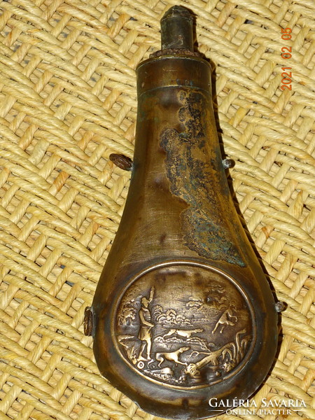 Antique gunpowder container with gunpowder dispenser hunter scene