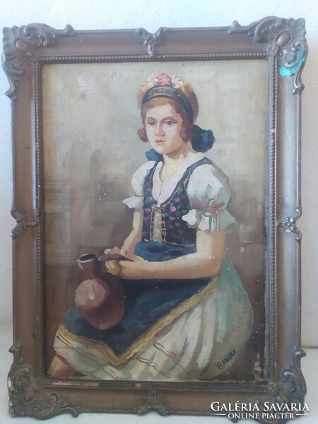 Verbőczy: girl with a jug, oil on canvas painting, original blondel frame 42x32 cm