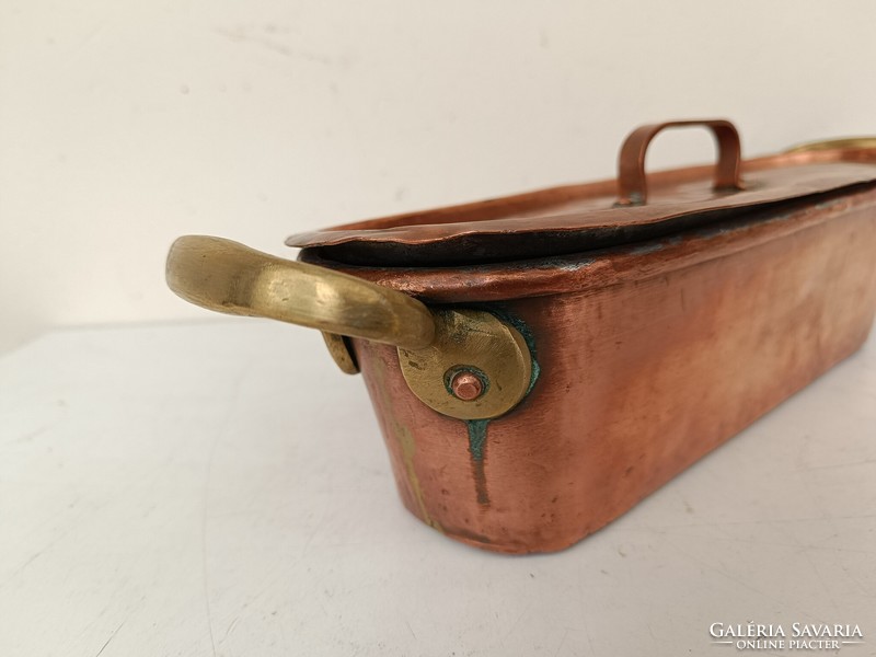 Antique kitchen tool, fish fryer, small pot with lid, tinned red copper 727 8521