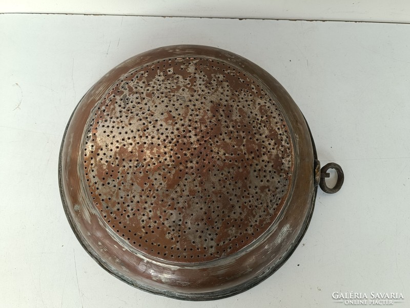 Antique kitchen tool large red copper filter with traces of tin plating 351 8601