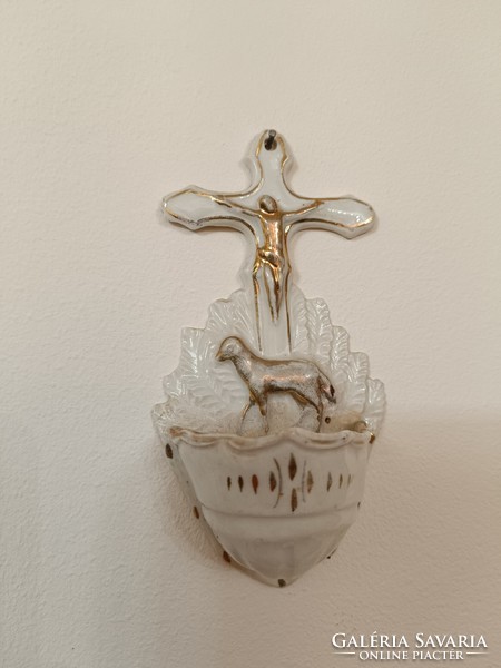 Antique holy water holder 19th century porcelain Christian holy water holder jesus lamb 734 8477