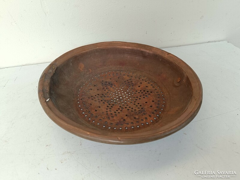 Antique kitchen tool red copper strainer damaged 352 8602