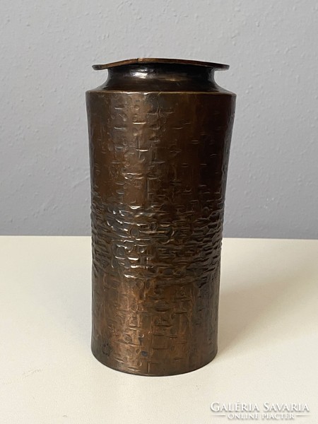 Dömötör retro hammered copper cylindrical marked vase 21 cm