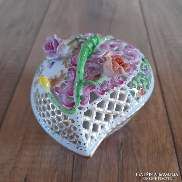 Old Herend porcelain openwork heart bonbonier