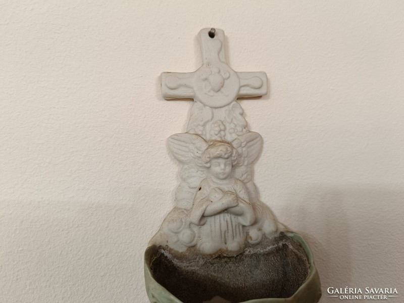 Antik szenteltvíz tartó 20. század biszkvit porcelán keresztény őrangyal angyal 732 8473