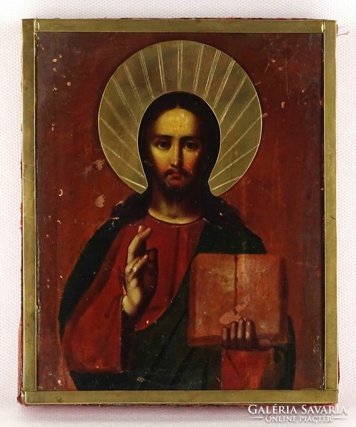 1Q798 Festett ikon vallási kegytárgy réz veretekkel 17 x 14 cm