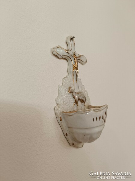 Antik szenteltvíz tartó 19. század porcelán keresztény szenteltvíztartó Jézus bárány 734 8477