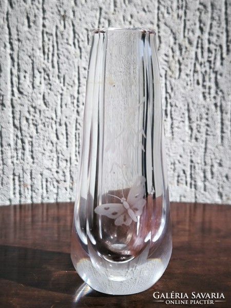 Beautiful art deco, marked polished glass vase with flower-butterfly decoration video!