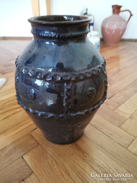 Dark blue glazed ceramic floor vase