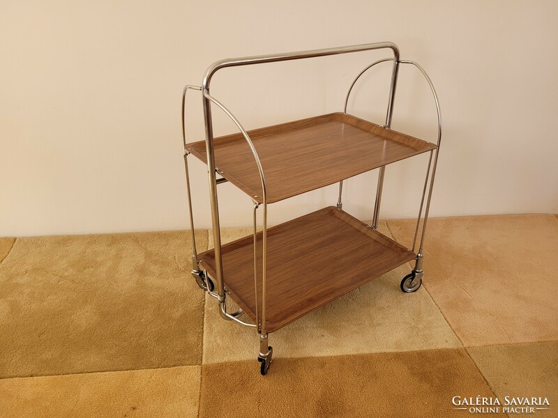 Retro chrome-plated metal frame cart folding mid-century serving table