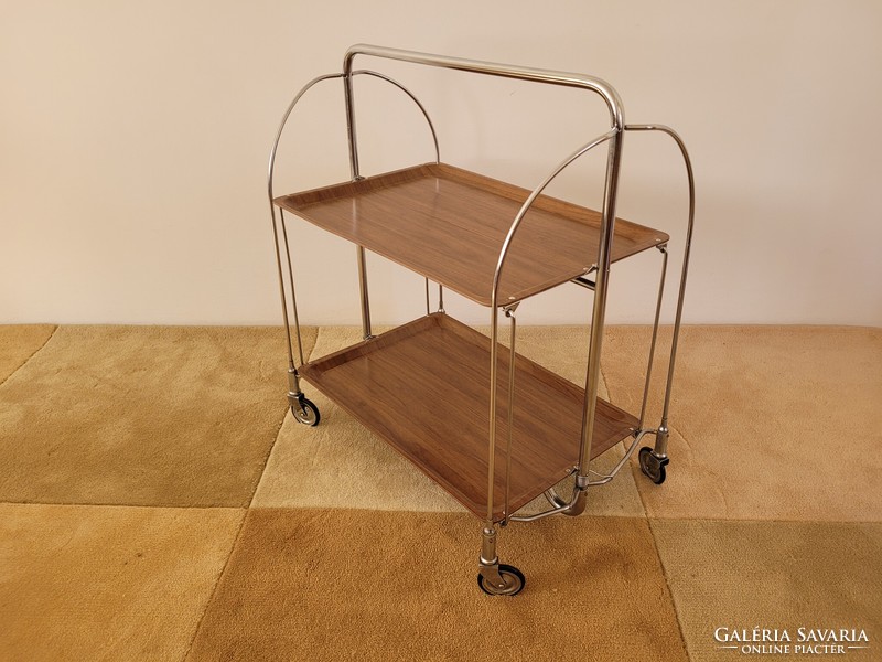 Retro chrome-plated metal frame cart folding mid-century serving table