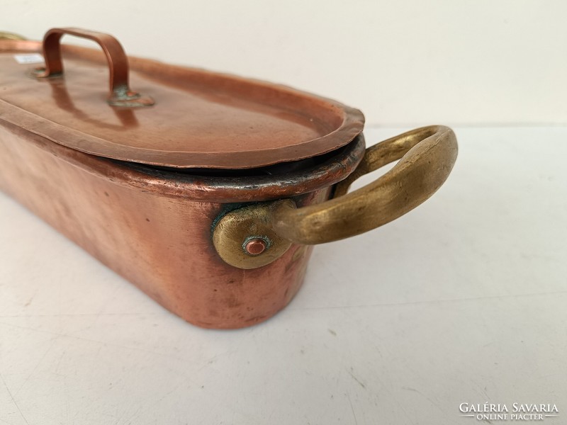 Antique kitchen tool, fish fryer, small pot with lid, tinned red copper 727 8521