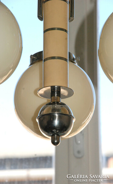 Bauhaus - art deco - streamline 3-arm nickel-plated chandelier renovated - cream-colored spherical shades