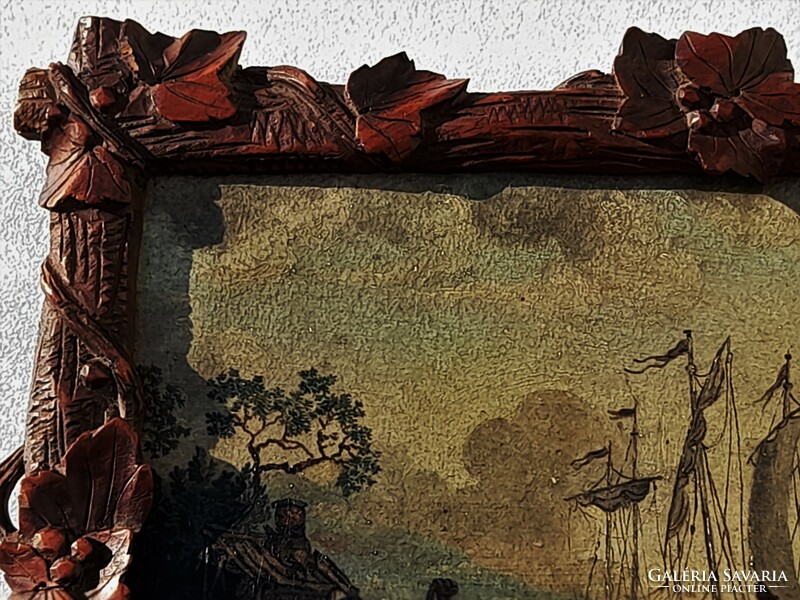 Antique Dutch ship painting in a carved wood frame, 19th century.