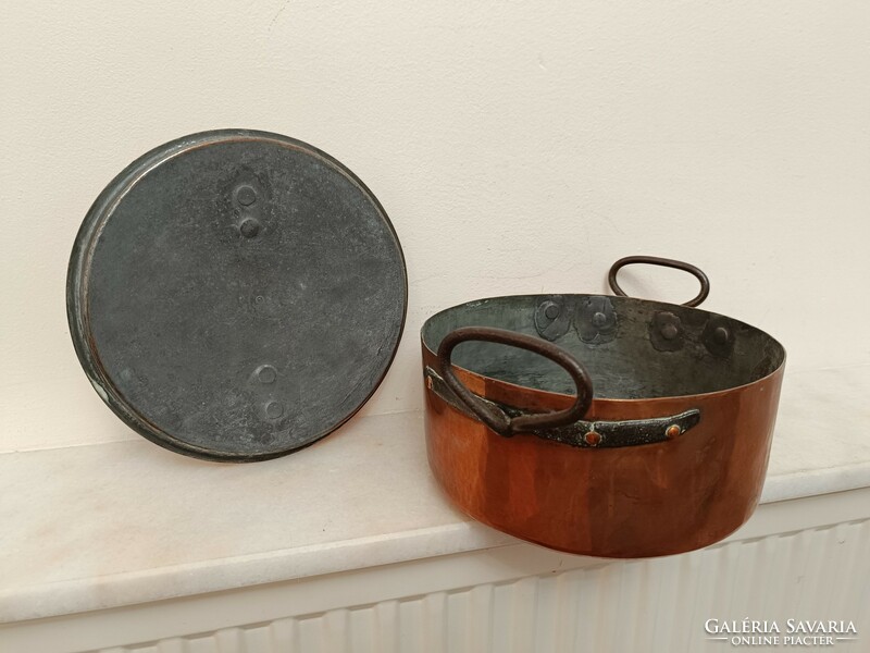 Antique tinned kitchen pot with patinated red copper footed lid and wrought iron handle 918 8497