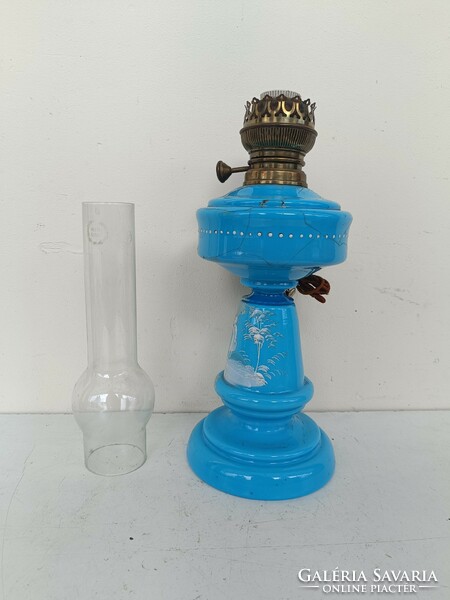 Antique biedermeier painted blue huta glass kerosene electric lamp broken 350 8600