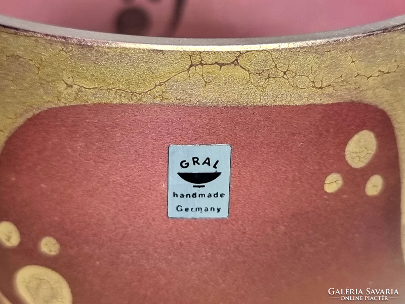 *GRAL Glass,német manufaktúra munkája,homokfújt üveg tál / kaspó, aranyozott dekorral, 1970-es évek