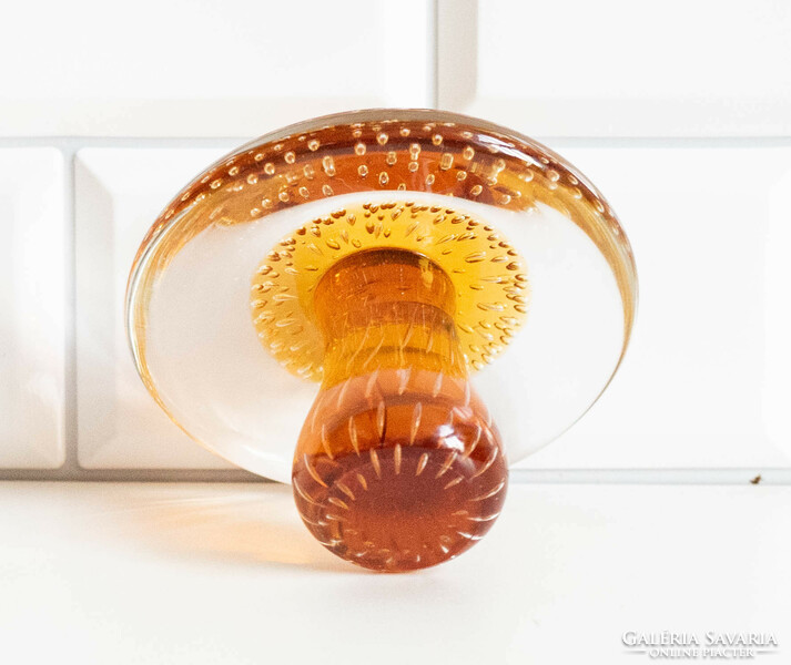 Mid-century modern design gomba figura - Muránói stílusú díszüveg irányított buborékokkal, borostyán