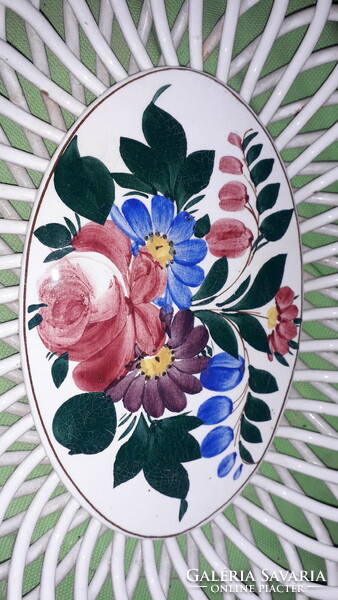 Antik pecsétes KISPEST  porcelán ovális ÁTTÖRT virág mintás kínáló kosár tál 26 x 21 x 6 cm