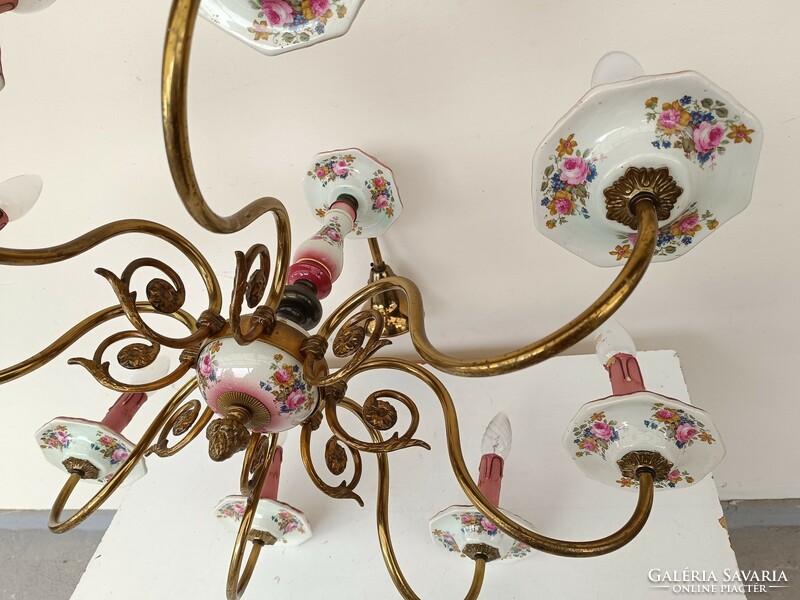 Antik csillár 8 karú rózsa motívum porcelán betétes flamand eredeti gyertyákkal + 8 új izzó 886 8562