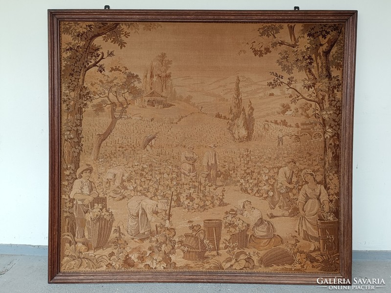 Antique large wall tapestry in a frame wine cellar grape harvest wine making motif 626 8551