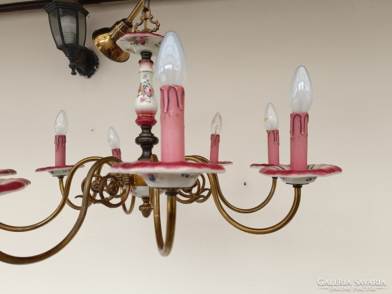 Antique 8-arm rose motif Flemish chandelier with porcelain insert with original candles + 8 new bulbs 886 8562