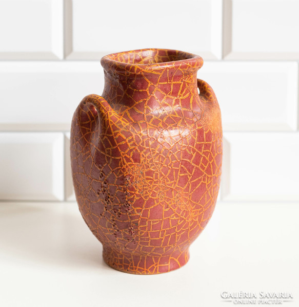 Red retro ceramic vase - plague cold well, designed by Margit Cizmadia