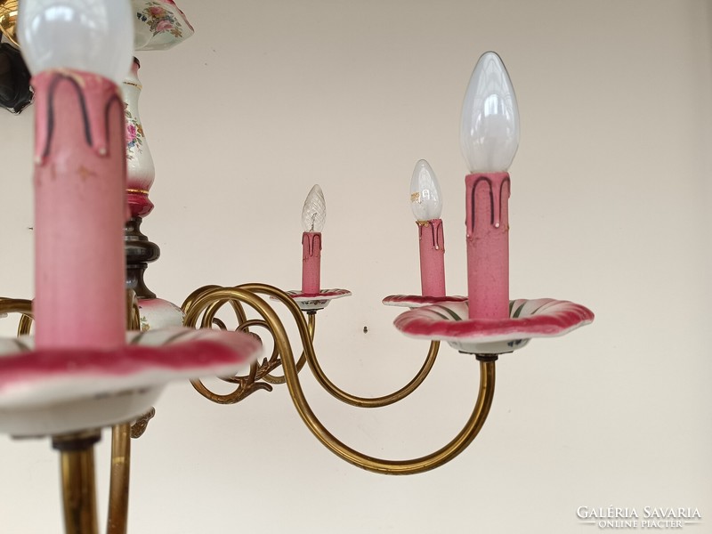 Antique 8-arm rose motif Flemish chandelier with porcelain insert with original candles + 8 new bulbs 886 8562